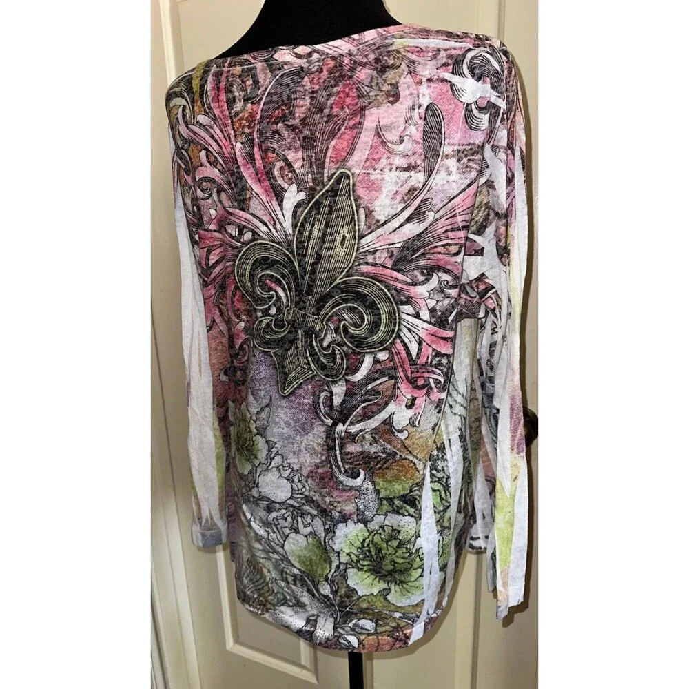 Lane Bryant y2k LONG SLEEVE FLEUR DE LIS W/WINGS &RHINESTONES mcbling top size1x - Picture 7 of 9